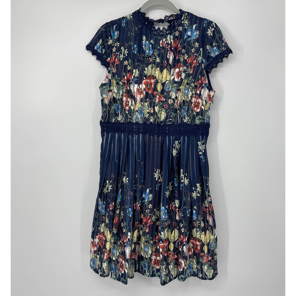 ANTHROPOLOGIE FOXIEDOX BLUE FLORAL PLEATED DRESS LARGE - Picture 1 of 2
